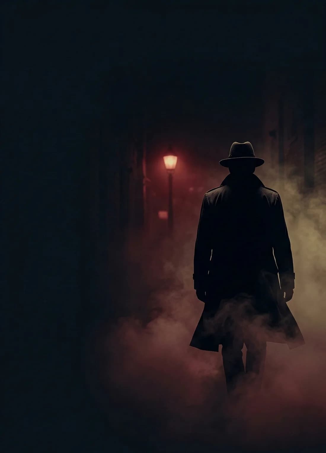 Arrab’s key art: a figure in a fedora and long coat walking away down a fog-filled alley lit by a single red lamp.