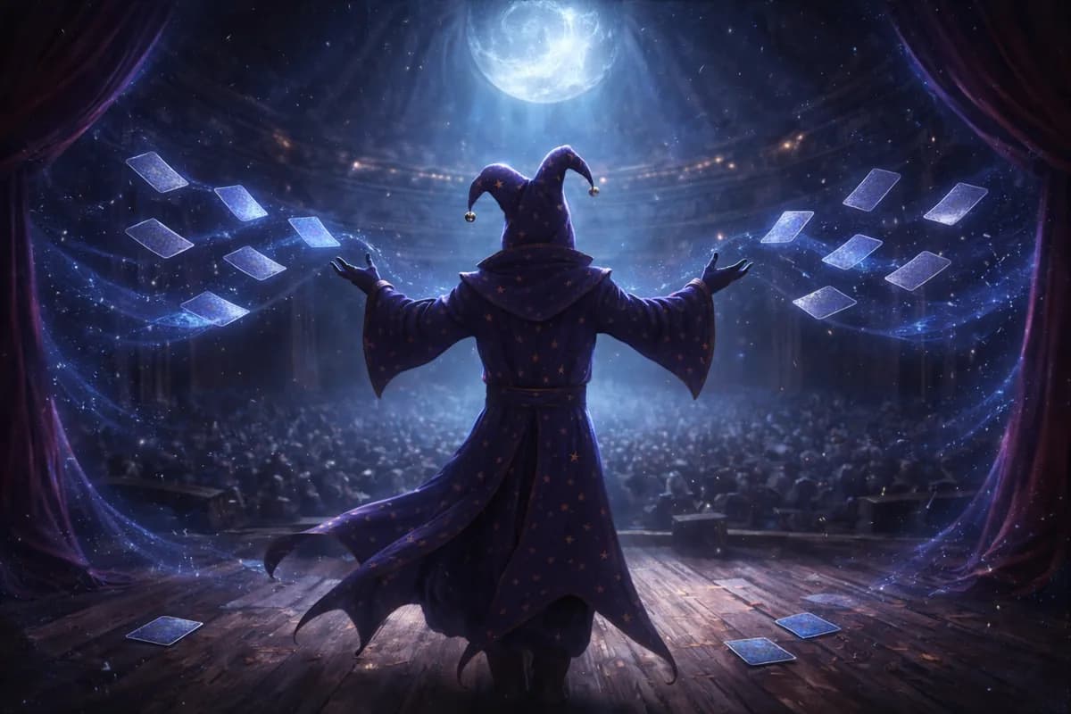 Luna Fantasy’s key art: a robed jester on a stage beneath a full moon, playing cards swirling around him before a packed theatre.