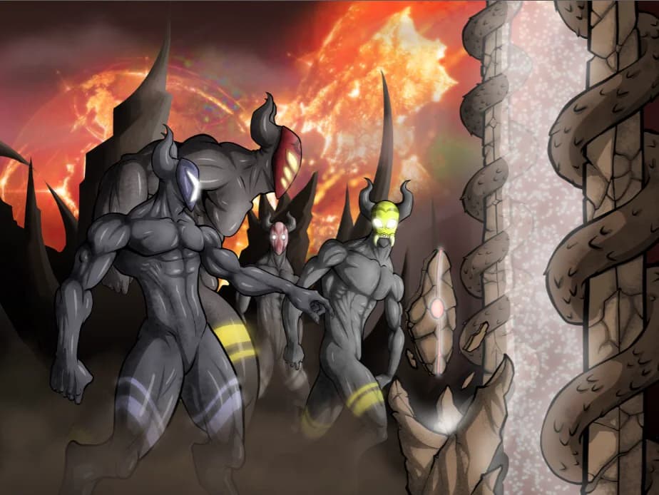 Hand-drawn Power of Bombs art: horned, armoured demons standing before a wall of fire.