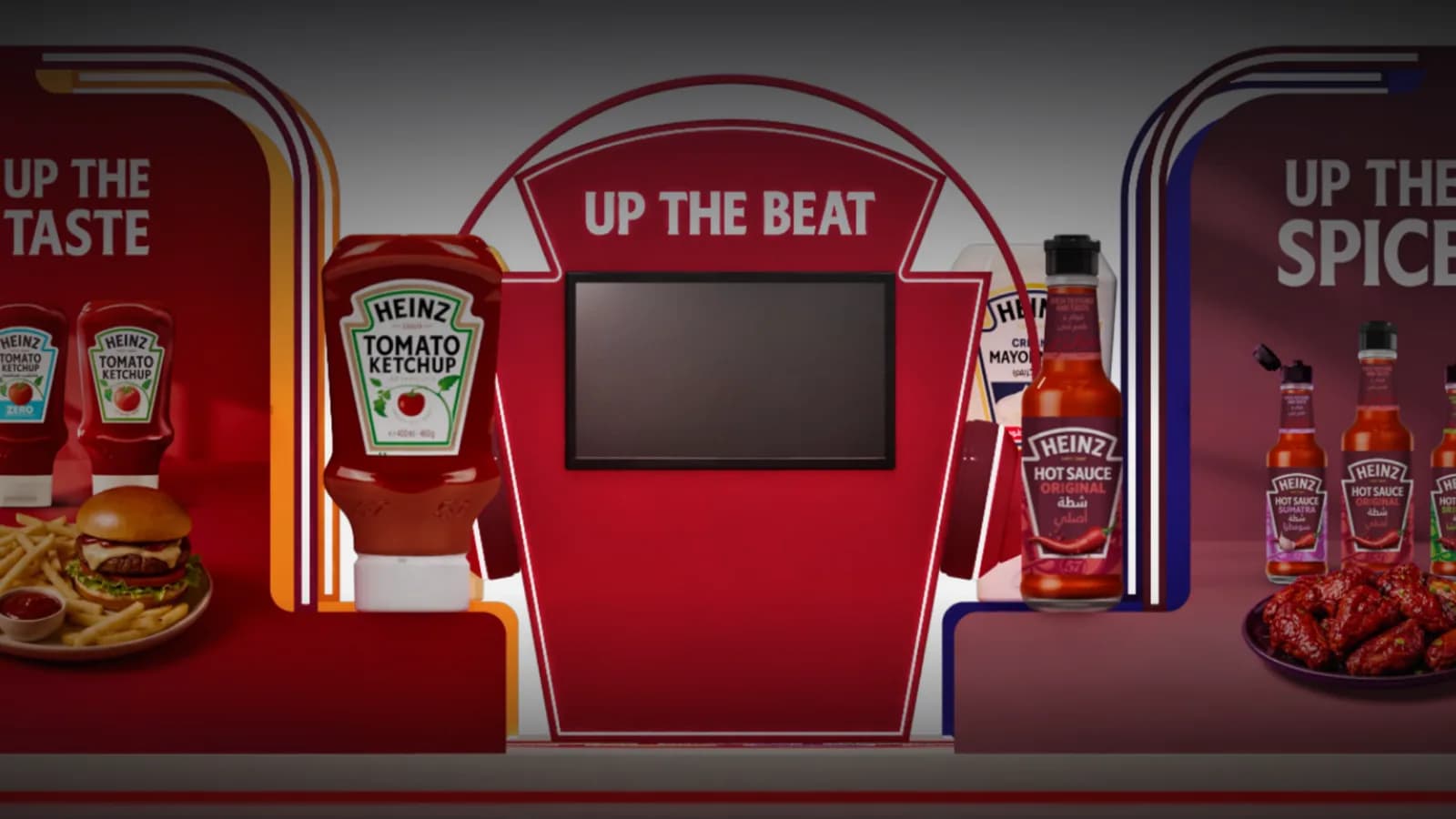 The design for the full Heinz stand: the Up The Beat keystone at the centre, flanked by Up the Taste and Up the Spice displays of Heinz sauces.